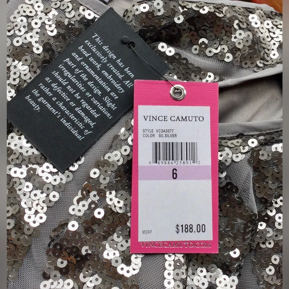 VINCE CAMUTO silver and gray sequined shift midi dress Sleeveless Crew neck S 6 - Picture 9 of 14
